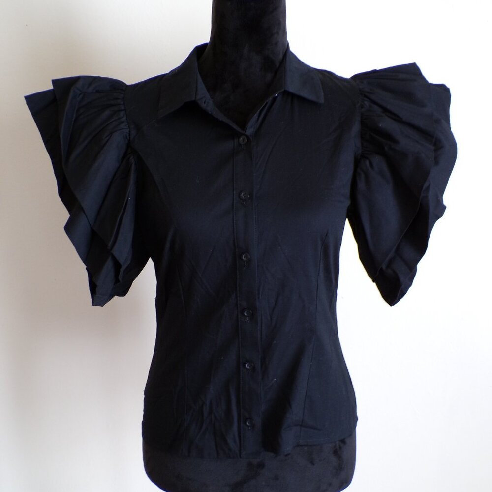 Black flare Sleeve Button Front Blouse – Collared Short Sleeve Top